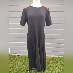 Lauren Ralph Lauren Black Fit & Flare Dress Camel Leather Shoulder Trim Large
